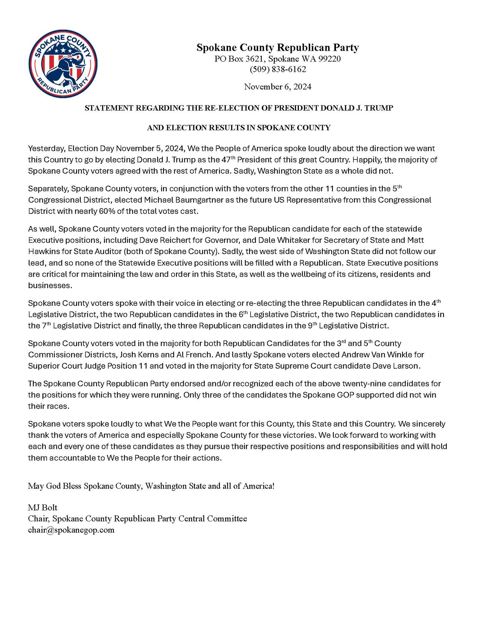 Spokane County Republican Party Statement re 2024 Election